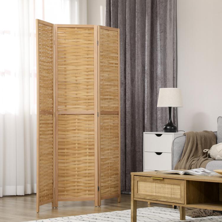 Bamboo folding room divider screen, natural woven panels with hinged wood posts