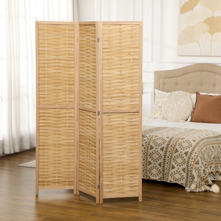 3-panel natural bamboo room divider with woven panels and vertical frame supports