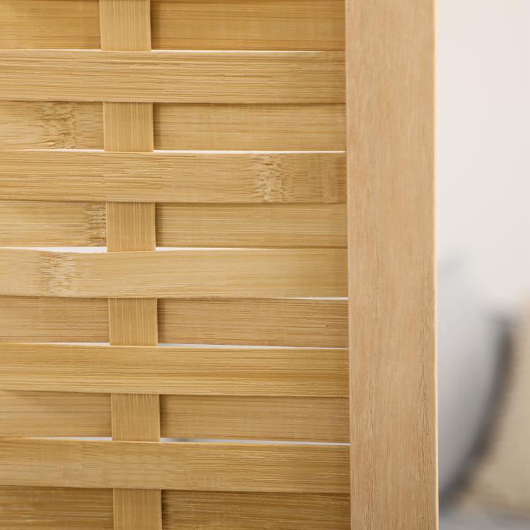 Natural bamboo room divider frame edge with woven panel and vertical wood strip