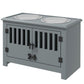 Gray dog feeding station cabinet with two bowls on top and vertical slat doors