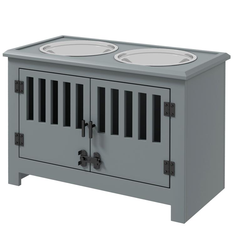 Gray dog feeding station cabinet with two bowls on top and vertical slat doors