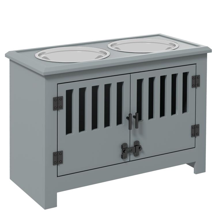 Gray dog feeding station cabinet with two stainless steel bowls, slatted doors, and latches