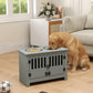 Gray dog feeding cabinet with two top bowls and open front storage door