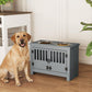 Gray dog feeding station with two top bowls and slatted door panels