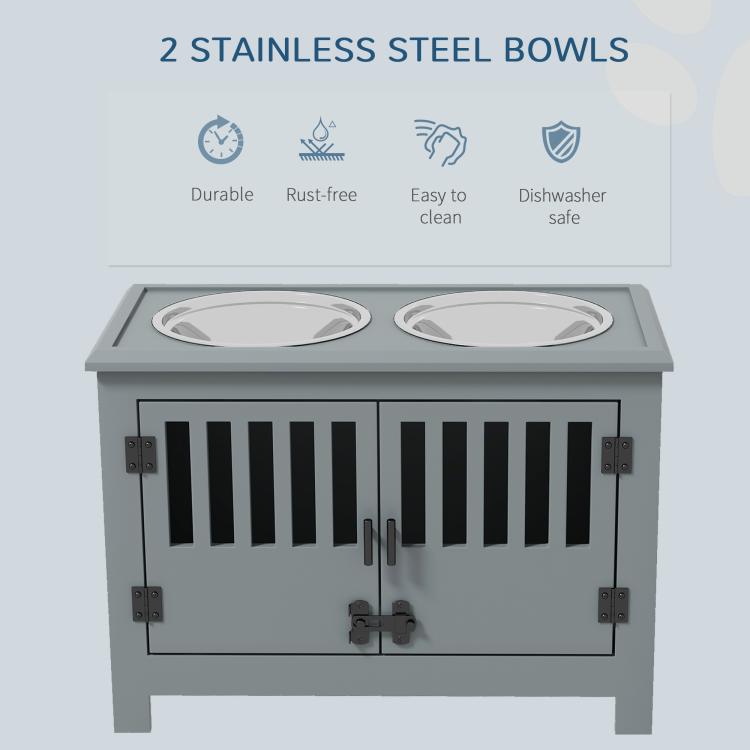 Gray dog feeding station with two stainless steel bowls on top
