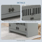 Gray dog food cabinet with latch-secured doors and slatted front panel