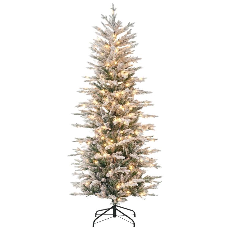 6-foot artificial Christmas tree with snow-frosted branches and warm clear lights