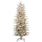 Snowy pre-lit artificial Christmas tree on black stand, warm white lights.
