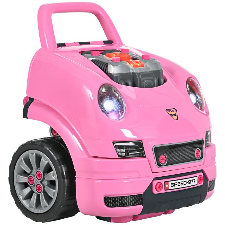 Pink kids mechanic car toy with open hood and glowing headlights