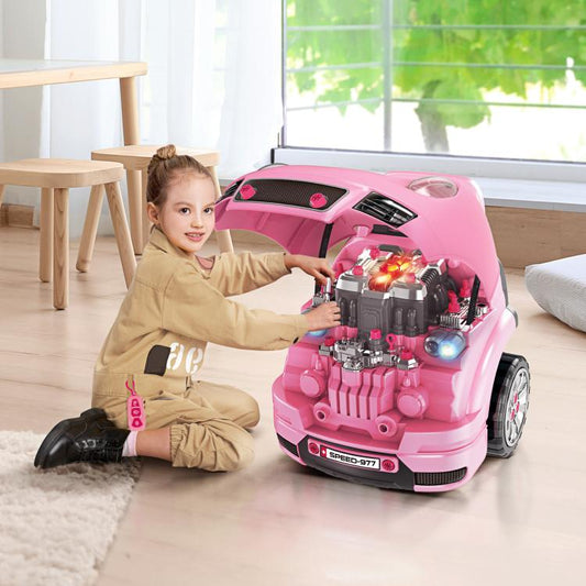 Pink mechanic car toy with open hood and working engine parts