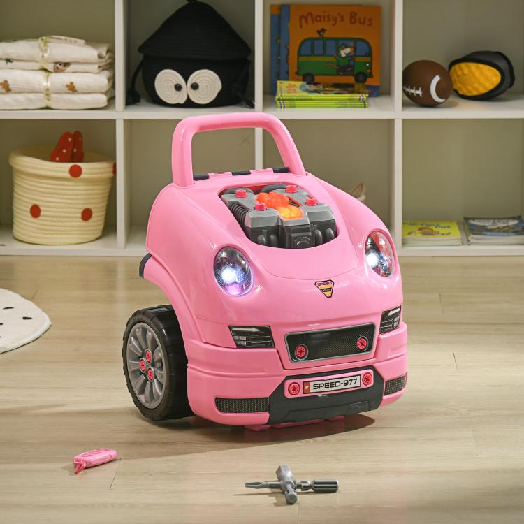 Pink mechanic car toy with open hood, front lights, and wheels