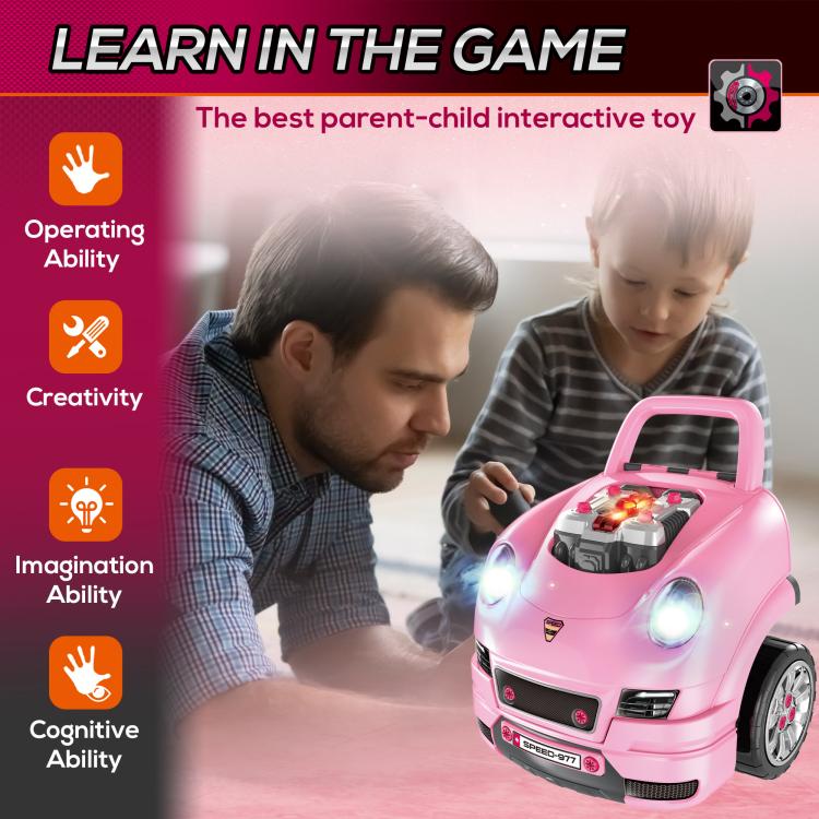 Pink mechanic car toy with glowing headlights during parent-child play