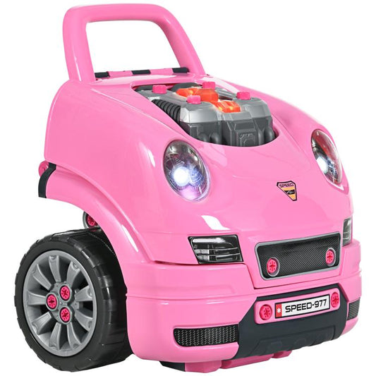 Pink kids mechanic car toy with open hood and glowing headlights