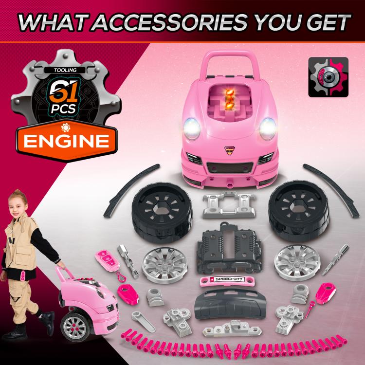 Pink mechanic car engine workshop toy with 61-piece parts set