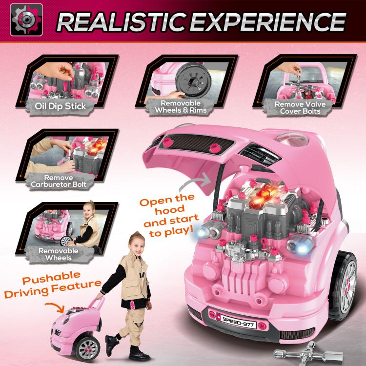Pink mechanic car toy with open hood and removable engine parts