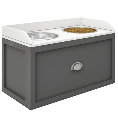 Gray elevated pet feeding station with two top bowls and front storage drawer