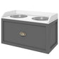 Gray elevated pet feeding station with two stainless bowls on top and drawer front