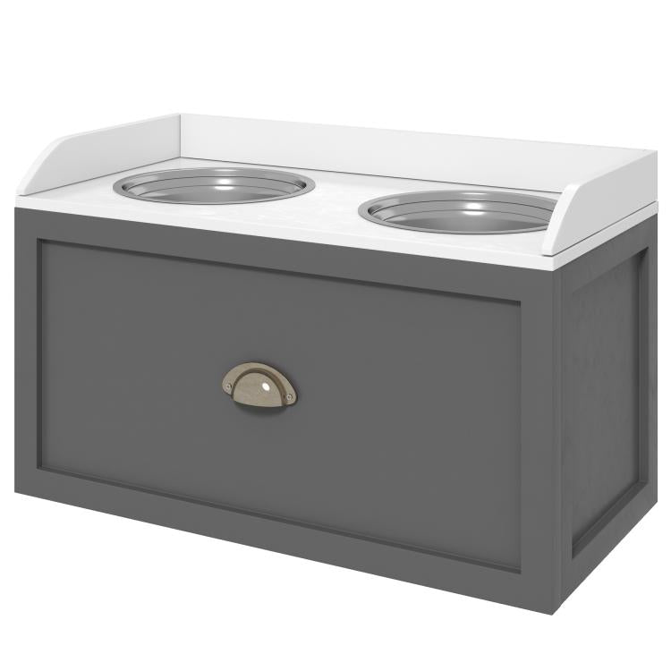Gray elevated pet feeding station with two stainless bowls on top and drawer front