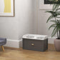 Gray elevated pet feeding station with storage drawer and two bowls on top