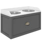 Gray pet feeding station front view with two metal bowls and center drawer