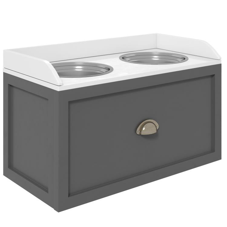 Gray pet feeding station front view with two metal bowls and center drawer