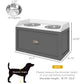 Gray elevated pet feeding station with two stainless steel bowls and storage drawer