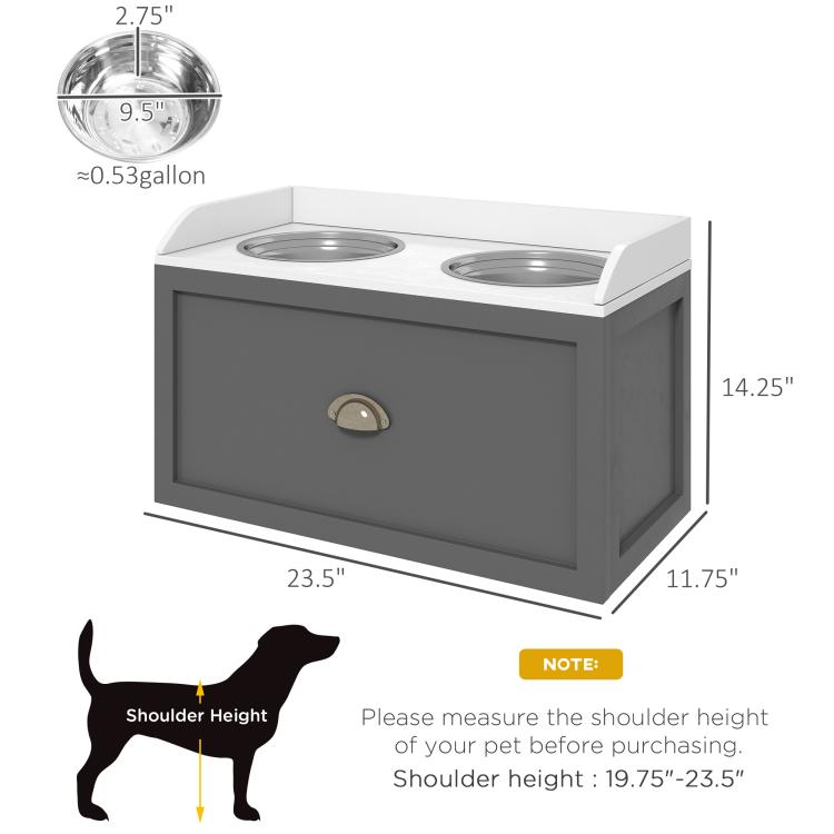 Gray elevated pet feeding station with two stainless steel bowls and storage drawer