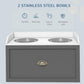 Gray pet feeding station with two stainless steel bowls and front storage drawer
