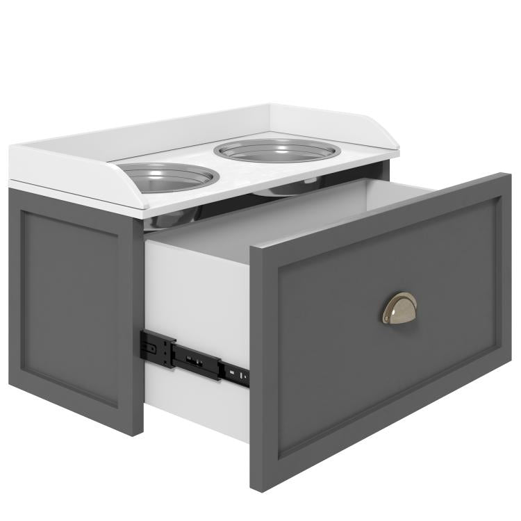 Gray elevated pet feeding station with side compartments and open drawer