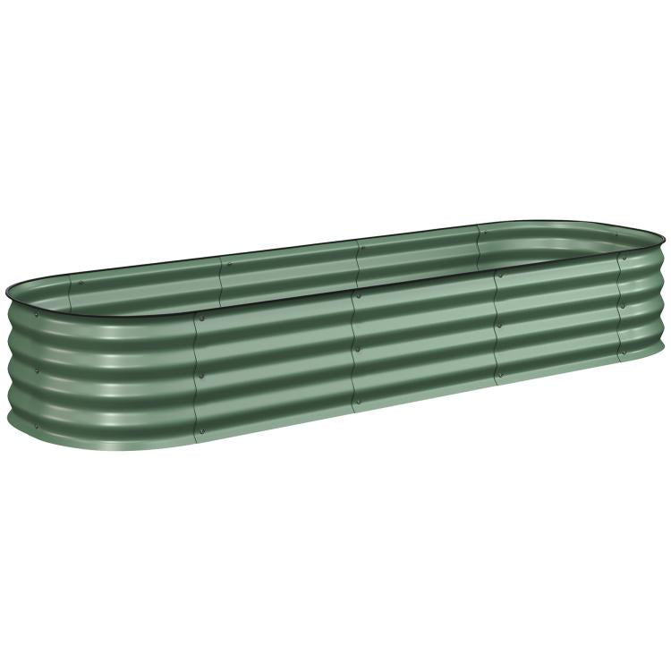 Green galvanized raised garden bed planter box, long rectangular metal sides