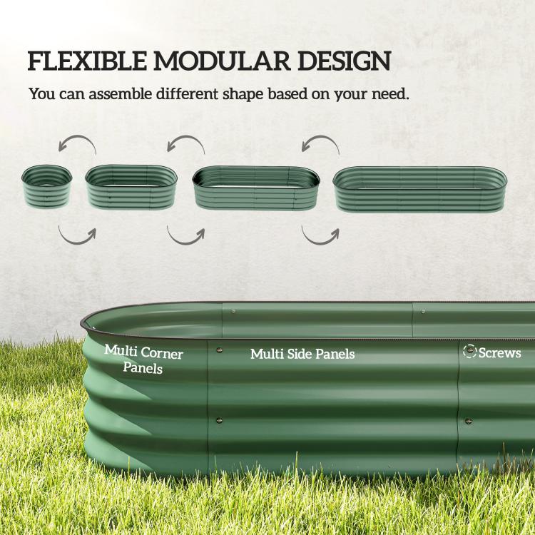 Green metal modular raised garden bed sections kit, shown with multiple panel configurations