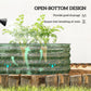 Green metal raised garden bed with open-bottom design, shown with drainage concept arrows