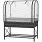 Black metal raised garden bed planter with clear mesh cover and bottom shelf