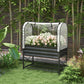 Black metal raised garden bed planter with clear protective cover outdoors