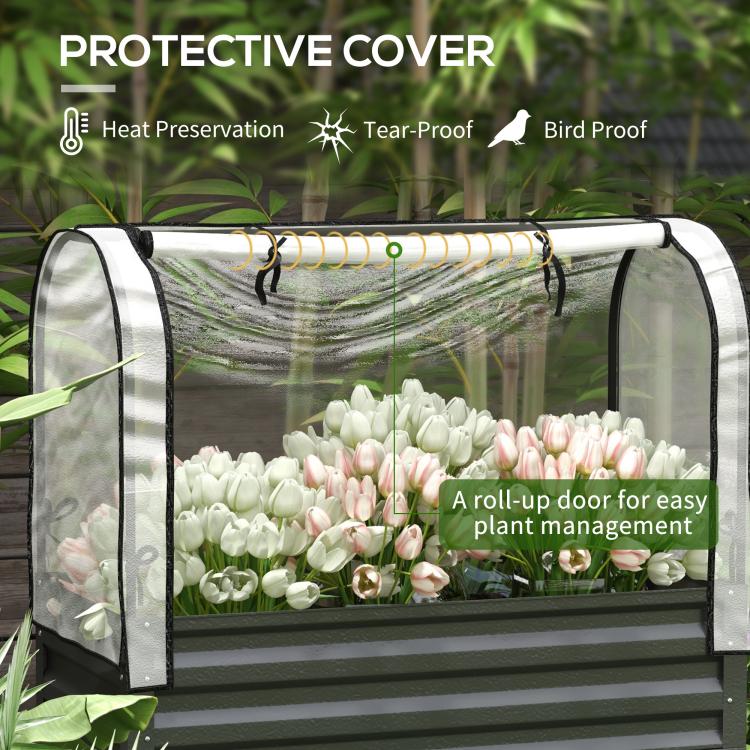Black raised garden bed planter with clear protective cover and roll-up door