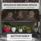 Black metal raised garden bed planter with bottom shelf and potted plants