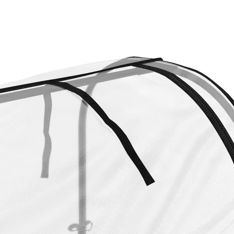 Clear mesh cover roof with black support straps for raised garden bed