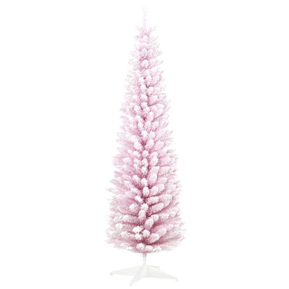 Pink snow-flocked pencil Christmas tree with layered branches and white base stand