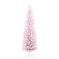 Pink snow-flocked pencil Christmas tree with tiered branches and white tripod base