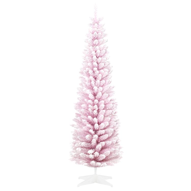 Pink snow-flocked pencil Christmas tree with tiered branches and white tripod base