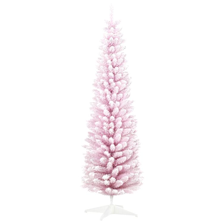 Pink pencil artificial Christmas tree with snow-flocked branches