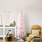 Pink snow-flocked pencil Christmas tree with tiered branches on a white stand
