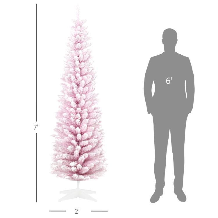 Pink snow-flocked pencil Christmas tree, 7 ft tall, with white base