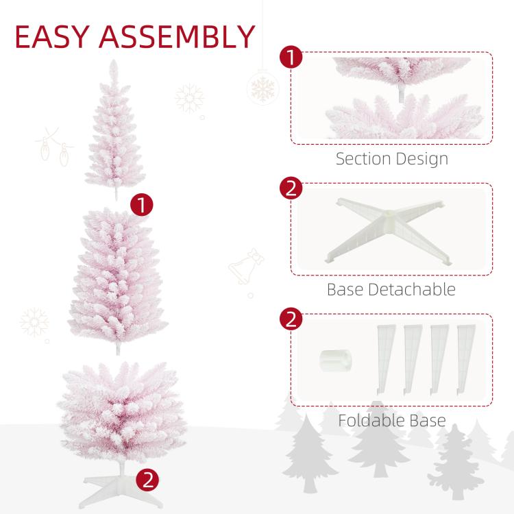 Pink snow-flocked pencil Christmas tree with section design and foldable base diagram
