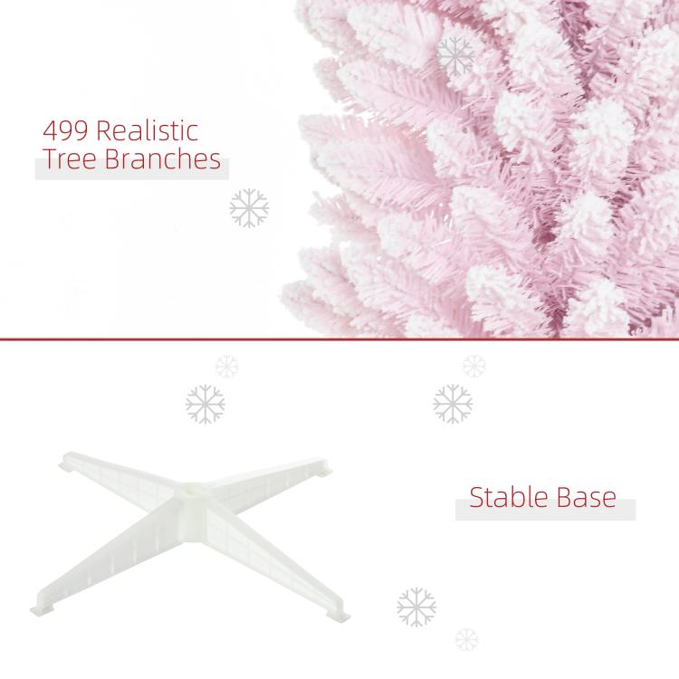 Snow-flocked pencil Christmas tree with white X-shaped stable base