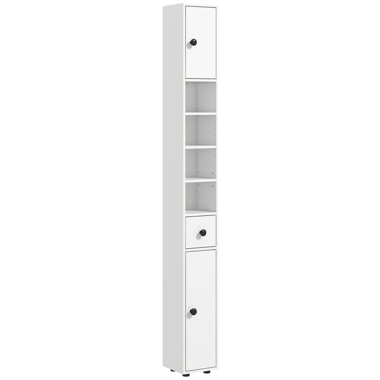 White narrow bathroom storage cabinet with open shelves and two cabinet doors