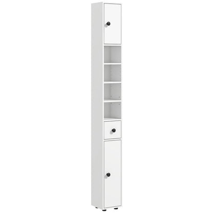 White narrow bathroom storage cabinet with open shelves and two cabinet doors