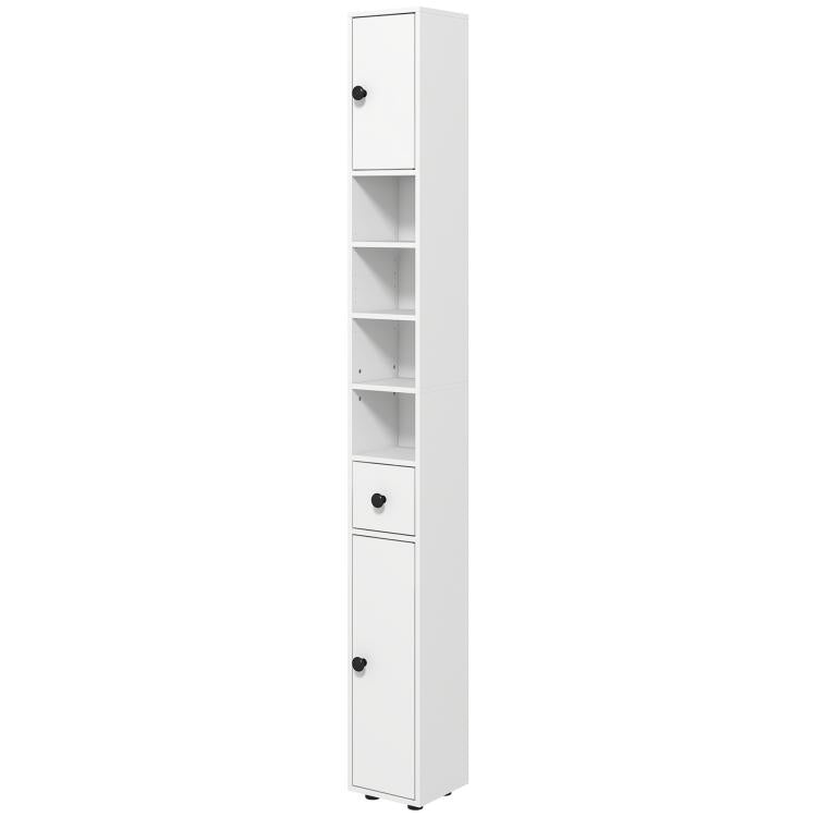 White narrow bathroom storage cabinet with open shelves, drawers, and cabinet doors