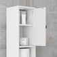 White narrow bathroom storage cabinet with open shelves and two cabinet doors
