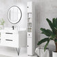 White tall narrow bathroom storage cabinet with open shelves and drawers, black knobs